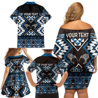 Personalised Taniko Motifs Aotearoa Family Matching Off Shoulder Short Dress and Hawaiian Shirt Waitangi Kowhaiwhai Kiwi - Blue LT7 - Polynesian Pride
