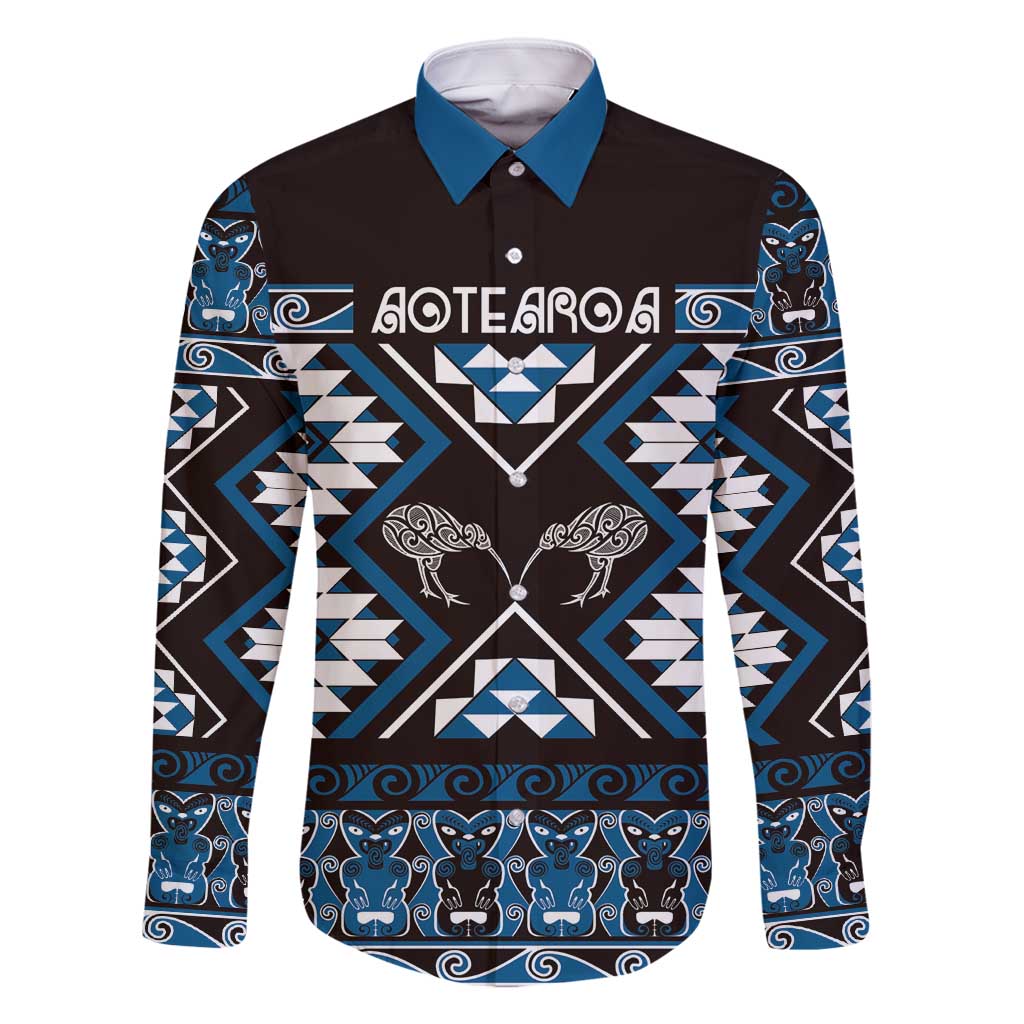 Personalised Taniko Motifs Aotearoa Family Matching Off Shoulder Short Dress and Hawaiian Shirt Waitangi Kowhaiwhai Kiwi - Blue LT7 Dad's Shirt - Long Sleeve Blue - Polynesian Pride