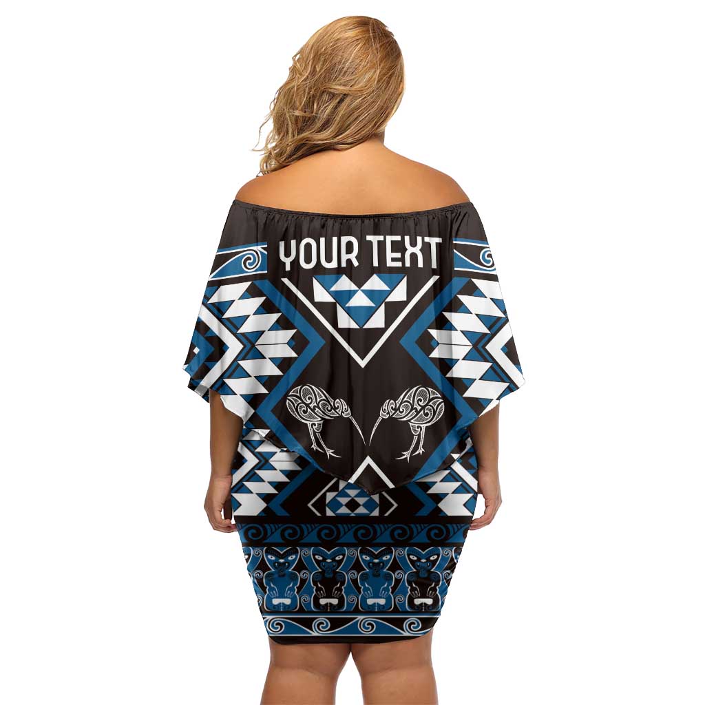 Personalised Taniko Motifs Aotearoa Family Matching Off Shoulder Short Dress and Hawaiian Shirt Waitangi Kowhaiwhai Kiwi - Blue LT7 - Polynesian Pride