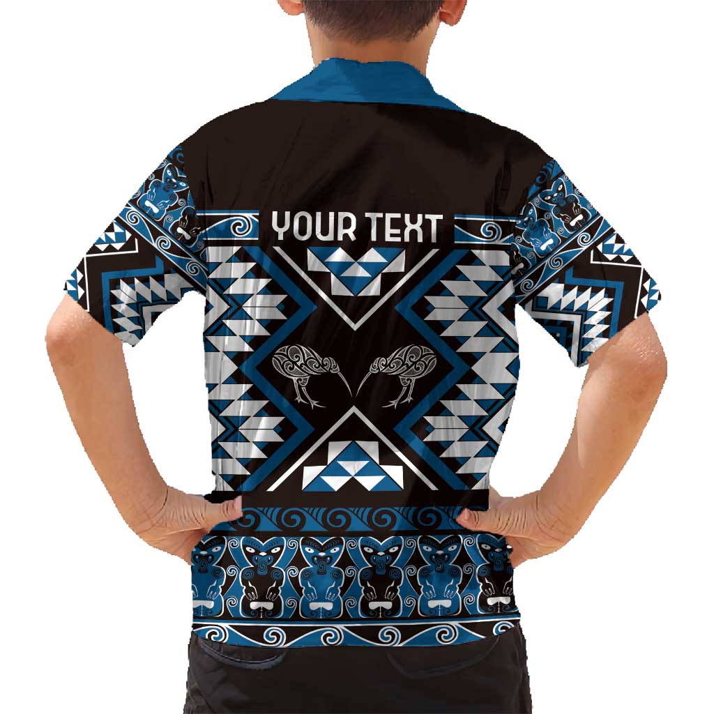 Personalised Taniko Motifs Aotearoa Family Matching Puletasi and Hawaiian Shirt Waitangi Kowhaiwhai Kiwi - Blue LT7 - Polynesian Pride