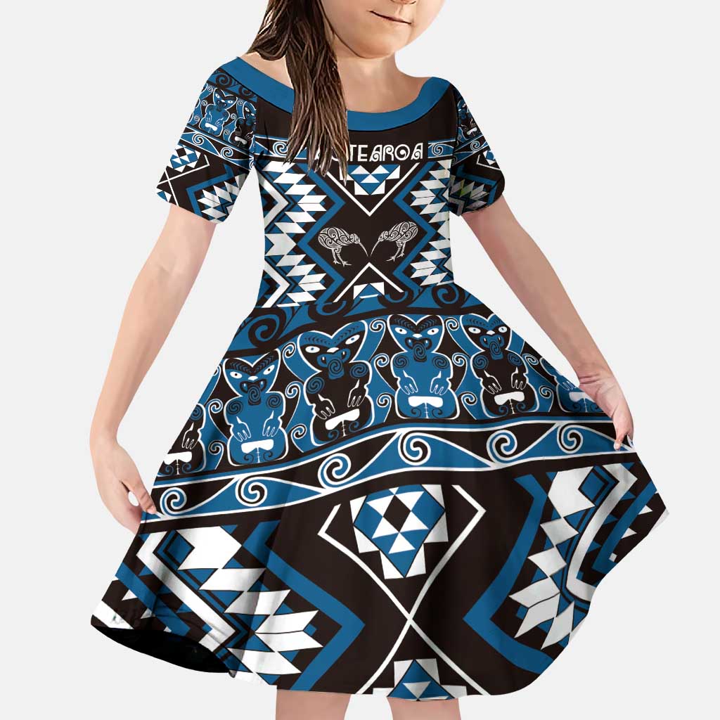 Personalised Taniko Motifs Aotearoa Family Matching Puletasi and Hawaiian Shirt Waitangi Kowhaiwhai Kiwi - Blue LT7 Daughter's Dress Blue - Polynesian Pride