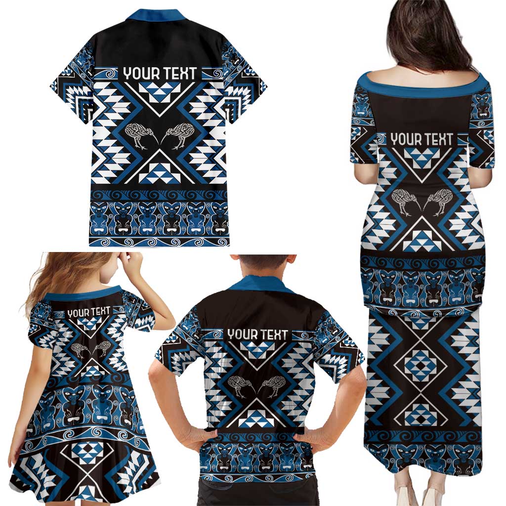 Personalised Taniko Motifs Aotearoa Family Matching Puletasi and Hawaiian Shirt Waitangi Kowhaiwhai Kiwi - Blue LT7 - Polynesian Pride