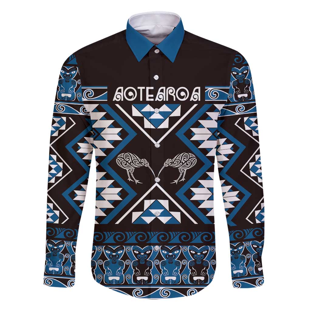 Personalised Taniko Motifs Aotearoa Family Matching Puletasi and Hawaiian Shirt Waitangi Kowhaiwhai Kiwi - Blue LT7 Dad's Shirt - Long Sleeve Blue - Polynesian Pride
