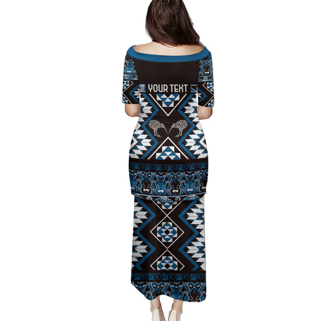 Personalised Taniko Motifs Aotearoa Family Matching Puletasi and Hawaiian Shirt Waitangi Kowhaiwhai Kiwi - Blue LT7 - Polynesian Pride