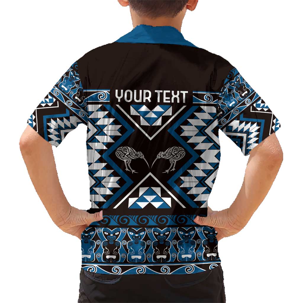 Personalised Taniko Motifs Aotearoa Family Matching Short Sleeve Bodycon Dress and Hawaiian Shirt Waitangi Kowhaiwhai Kiwi - Blue LT7 - Polynesian Pride