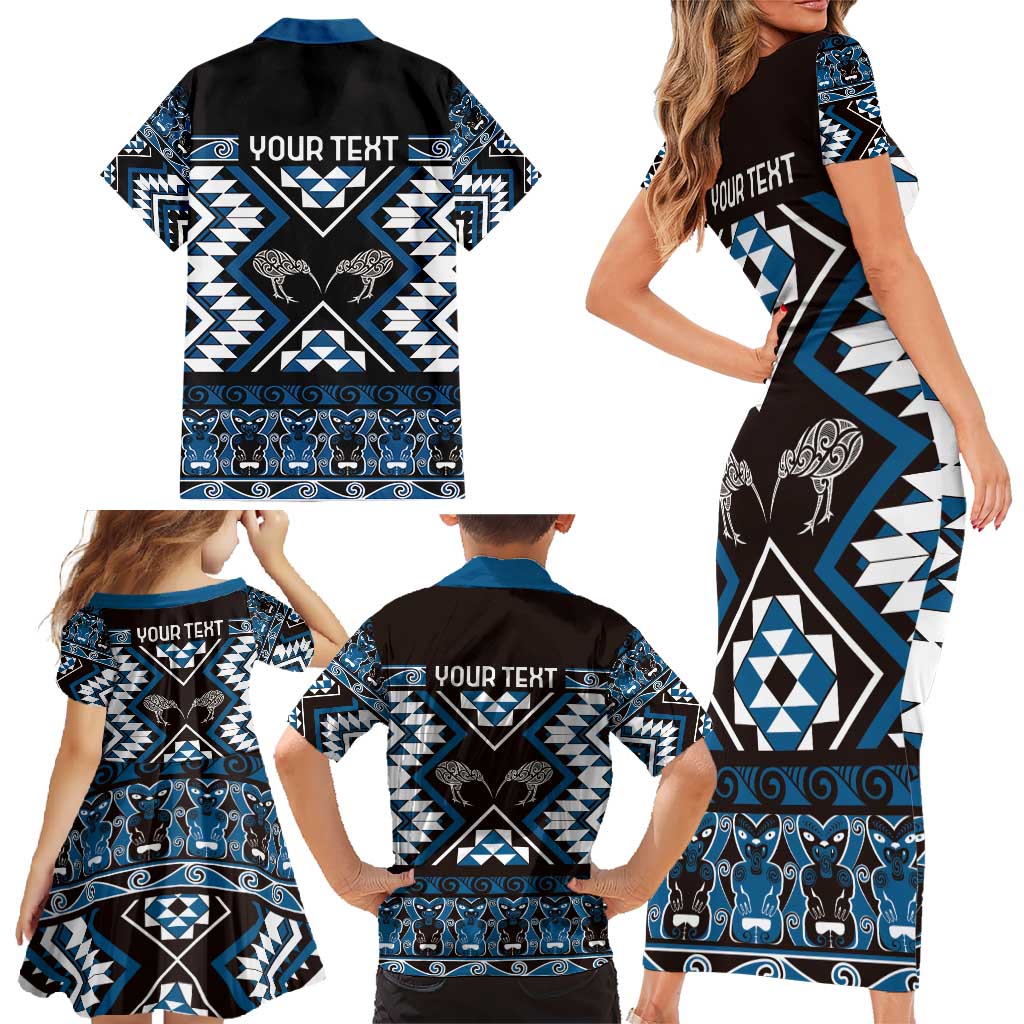Personalised Taniko Motifs Aotearoa Family Matching Short Sleeve Bodycon Dress and Hawaiian Shirt Waitangi Kowhaiwhai Kiwi - Blue LT7 - Polynesian Pride