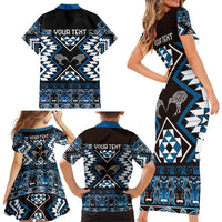 Personalised Taniko Motifs Aotearoa Family Matching Short Sleeve Bodycon Dress and Hawaiian Shirt Waitangi Kowhaiwhai Kiwi - Blue LT7 - Polynesian Pride