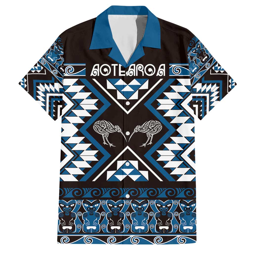 Personalised Taniko Motifs Aotearoa Family Matching Short Sleeve Bodycon Dress and Hawaiian Shirt Waitangi Kowhaiwhai Kiwi - Blue LT7 Dad's Shirt - Short Sleeve Blue - Polynesian Pride