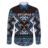 Personalised Taniko Motifs Aotearoa Family Matching Short Sleeve Bodycon Dress and Hawaiian Shirt Waitangi Kowhaiwhai Kiwi - Blue LT7 Dad's Shirt - Long Sleeve Blue - Polynesian Pride