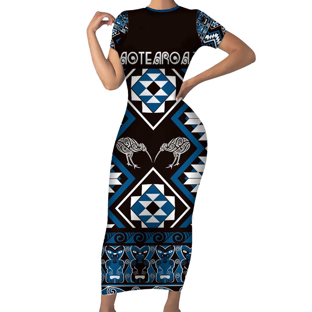 Personalised Taniko Motifs Aotearoa Family Matching Short Sleeve Bodycon Dress and Hawaiian Shirt Waitangi Kowhaiwhai Kiwi - Blue LT7 Mom's Dress Blue - Polynesian Pride