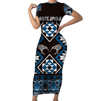 Personalised Taniko Motifs Aotearoa Family Matching Short Sleeve Bodycon Dress and Hawaiian Shirt Waitangi Kowhaiwhai Kiwi - Blue LT7 Mom's Dress Blue - Polynesian Pride