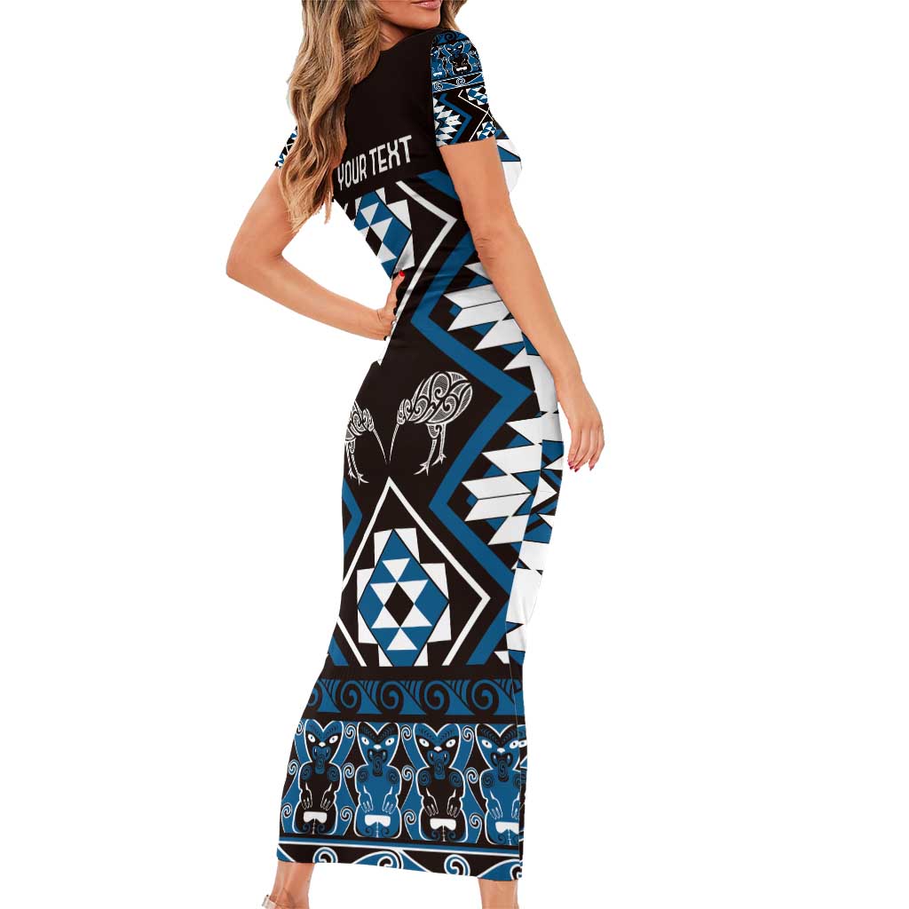 Personalised Taniko Motifs Aotearoa Family Matching Short Sleeve Bodycon Dress and Hawaiian Shirt Waitangi Kowhaiwhai Kiwi - Blue LT7 - Polynesian Pride