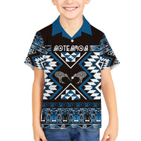 Personalised Taniko Motifs Aotearoa Family Matching Short Sleeve Bodycon Dress and Hawaiian Shirt Waitangi Kowhaiwhai Kiwi - Blue LT7 Son's Shirt Blue - Polynesian Pride