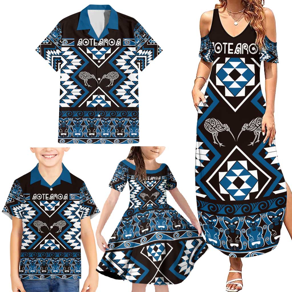 Personalised Taniko Motifs Aotearoa Family Matching Summer Maxi Dress and Hawaiian Shirt Waitangi Kowhaiwhai Kiwi - Blue LT7 - Polynesian Pride