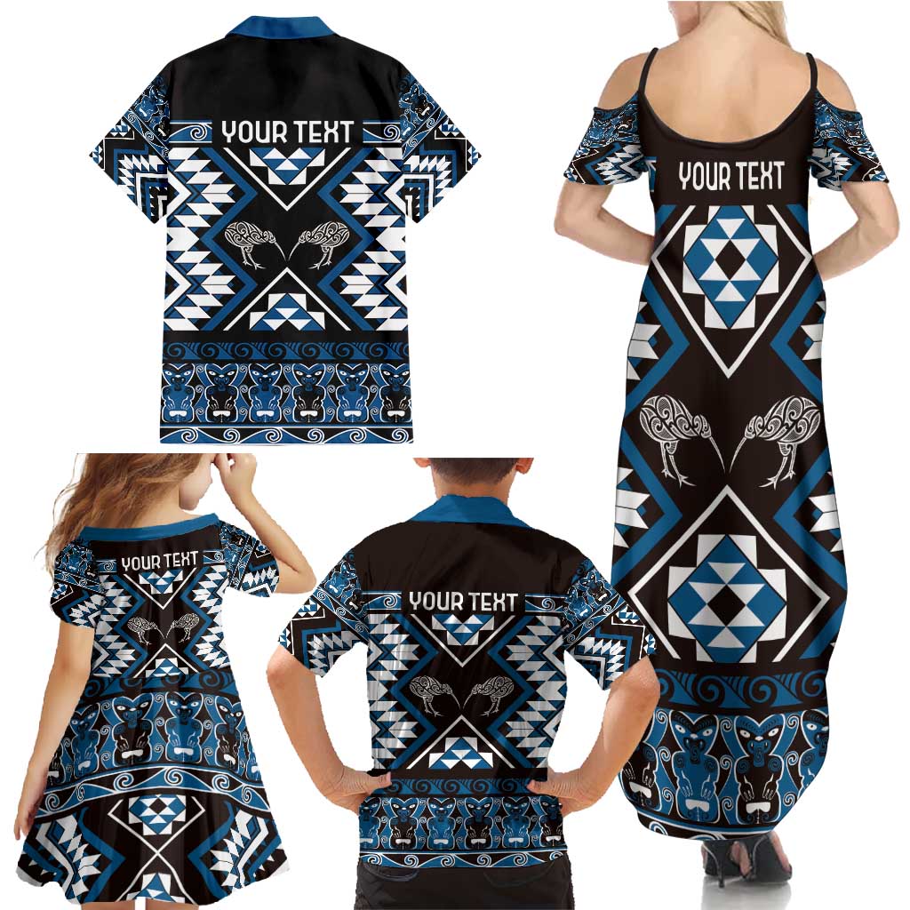 Personalised Taniko Motifs Aotearoa Family Matching Summer Maxi Dress and Hawaiian Shirt Waitangi Kowhaiwhai Kiwi - Blue LT7 - Polynesian Pride