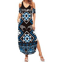 Personalised Taniko Motifs Aotearoa Family Matching Summer Maxi Dress and Hawaiian Shirt Waitangi Kowhaiwhai Kiwi - Blue LT7 Mom's Dress Blue - Polynesian Pride