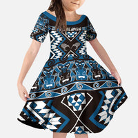 Personalised Taniko Motifs Aotearoa Family Matching Tank Maxi Dress and Hawaiian Shirt Waitangi Kowhaiwhai Kiwi - Blue LT7 Daughter's Dress Blue - Polynesian Pride