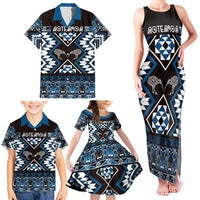 Personalised Taniko Motifs Aotearoa Family Matching Tank Maxi Dress and Hawaiian Shirt Waitangi Kowhaiwhai Kiwi - Blue LT7 - Polynesian Pride