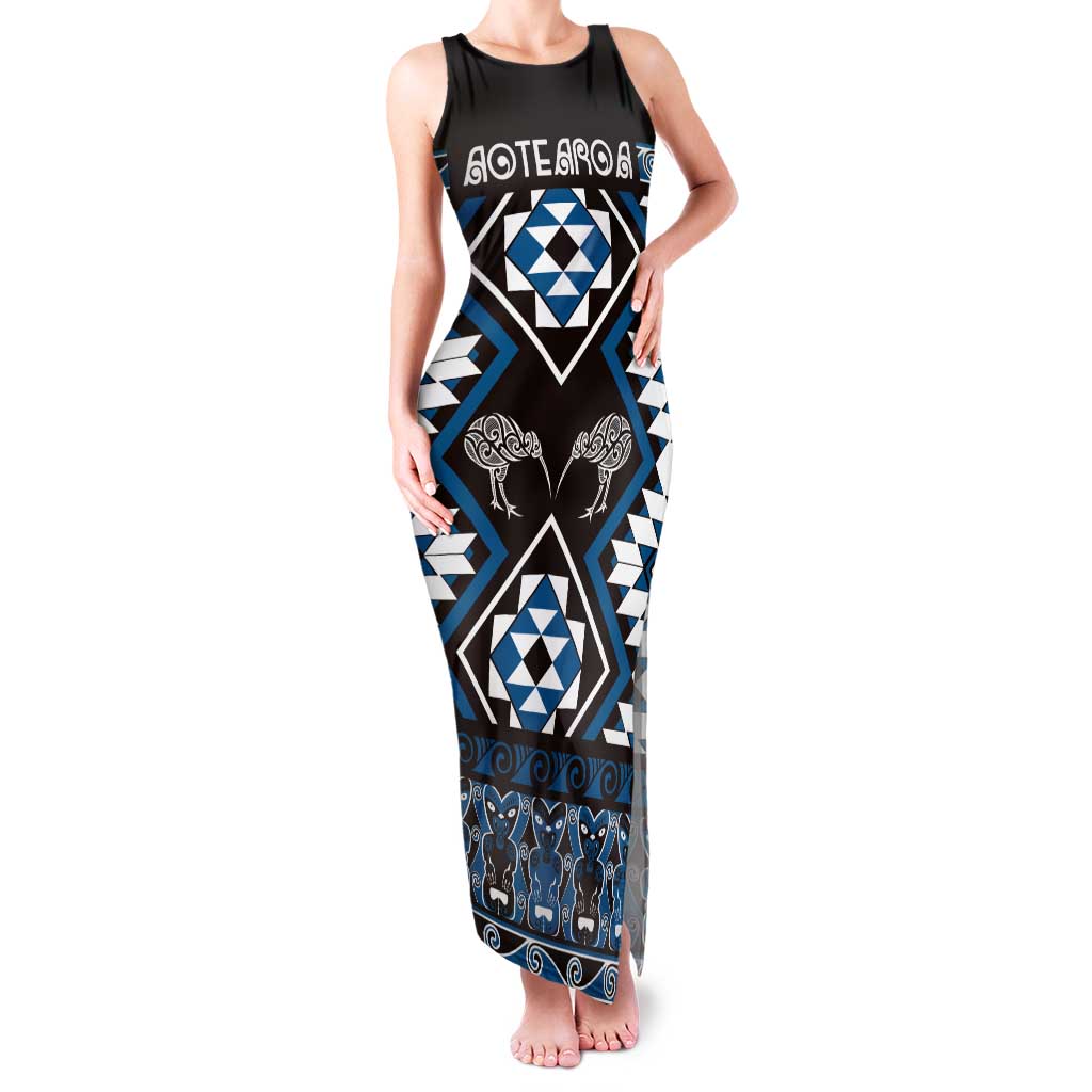 Personalised Taniko Motifs Aotearoa Family Matching Tank Maxi Dress and Hawaiian Shirt Waitangi Kowhaiwhai Kiwi - Blue LT7 Mom's Dress Blue - Polynesian Pride