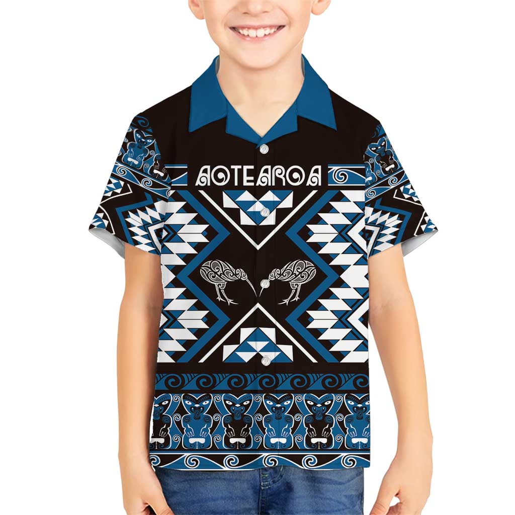 Personalised Taniko Motifs Aotearoa Family Matching Tank Maxi Dress and Hawaiian Shirt Waitangi Kowhaiwhai Kiwi - Blue LT7 Son's Shirt Blue - Polynesian Pride