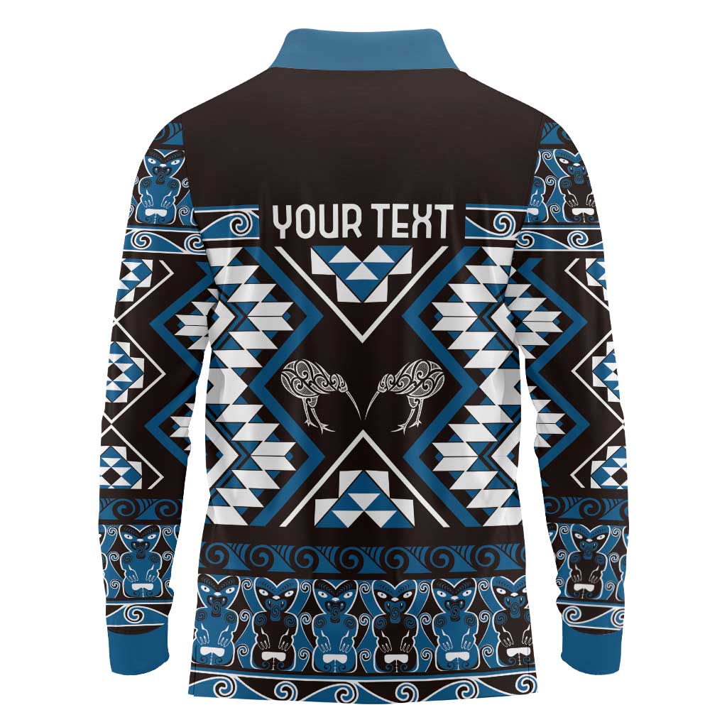 Personalised Taniko Motifs Aotearoa Long Sleeve Polo Shirt Waitangi Kowhaiwhai Kiwi - Blue