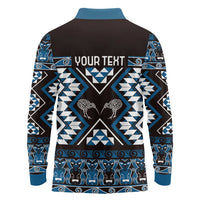 Personalised Taniko Motifs Aotearoa Long Sleeve Polo Shirt Waitangi Kowhaiwhai Kiwi - Blue