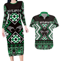 Personalised Taniko Motifs Aotearoa Couples Matching Long Sleeve Bodycon Dress and Hawaiian Shirt Waitangi Kowhaiwhai Kiwi - Green LT7 Green - Polynesian Pride