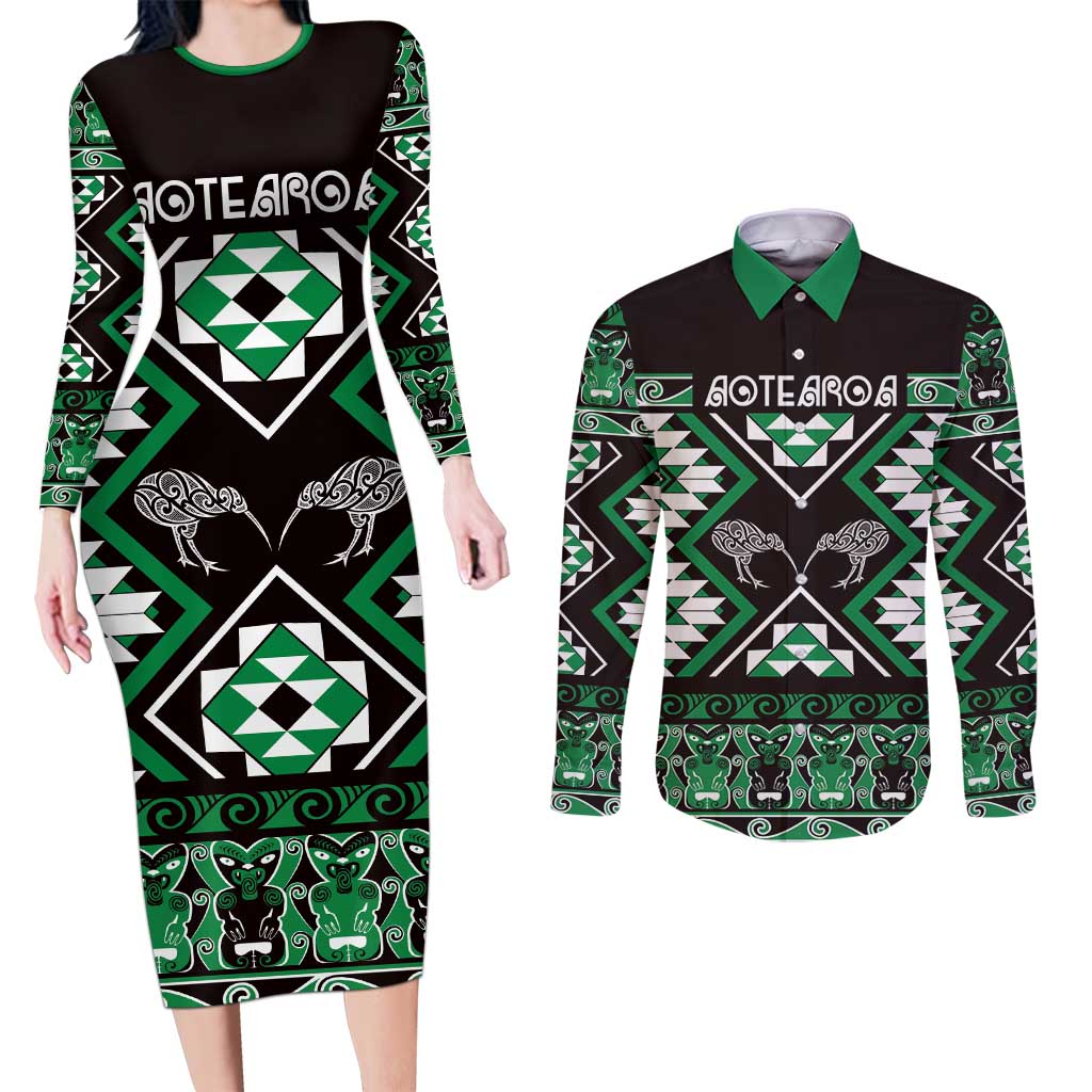 Personalised Taniko Motifs Aotearoa Couples Matching Long Sleeve Bodycon Dress and Long Sleeve Button Shirt Waitangi Kowhaiwhai Kiwi - Green LT7 Green - Polynesian Pride