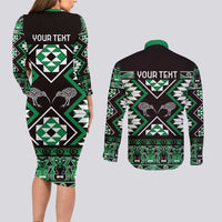Personalised Taniko Motifs Aotearoa Couples Matching Long Sleeve Bodycon Dress and Long Sleeve Button Shirt Waitangi Kowhaiwhai Kiwi - Green LT7 - Polynesian Pride