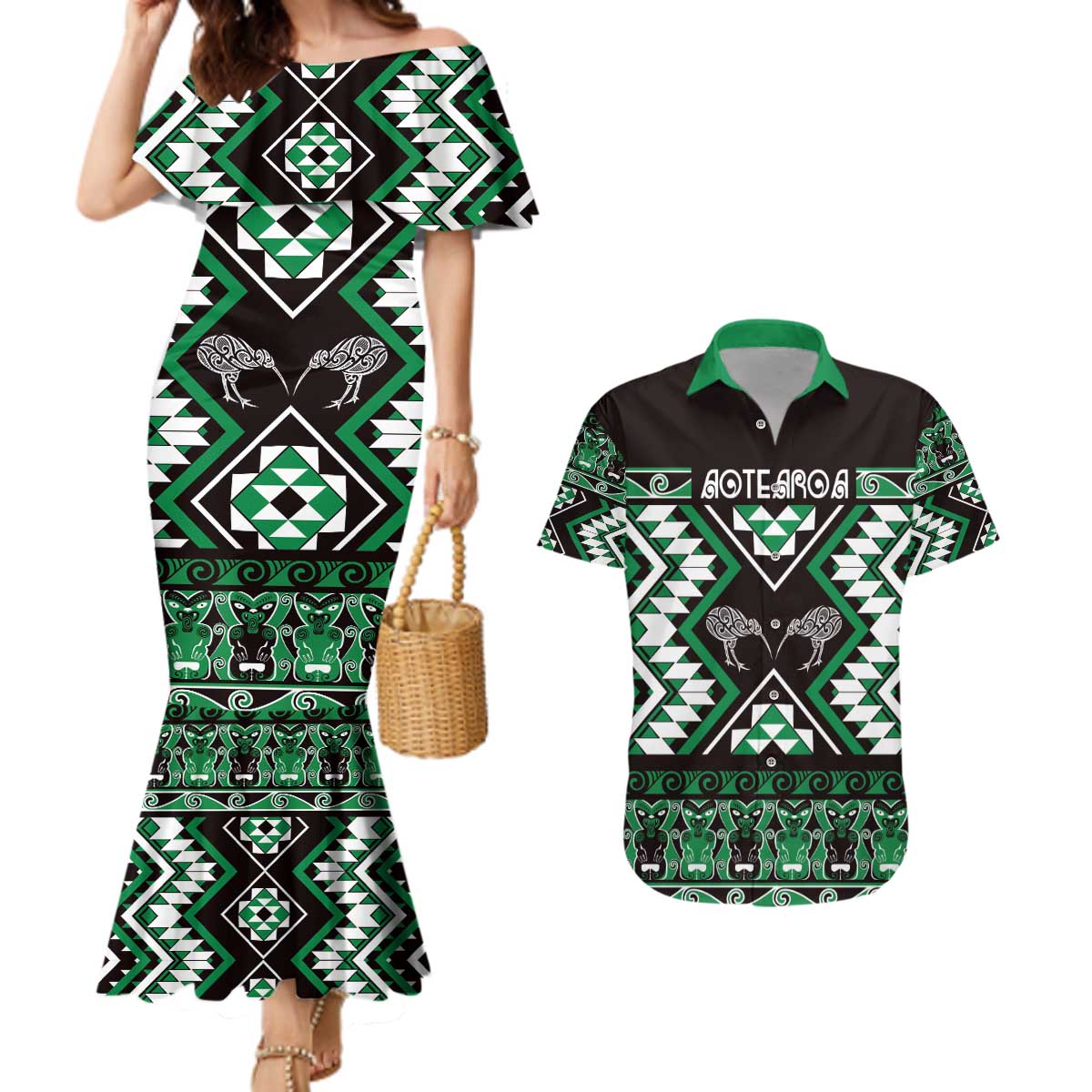Personalised Taniko Motifs Aotearoa Couples Matching Mermaid Dress and Hawaiian Shirt Waitangi Kowhaiwhai Kiwi - Green LT7 Green - Polynesian Pride