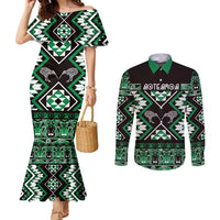 Personalised Taniko Motifs Aotearoa Couples Matching Mermaid Dress and Long Sleeve Button Shirt Waitangi Kowhaiwhai Kiwi - Green LT7 Green - Polynesian Pride
