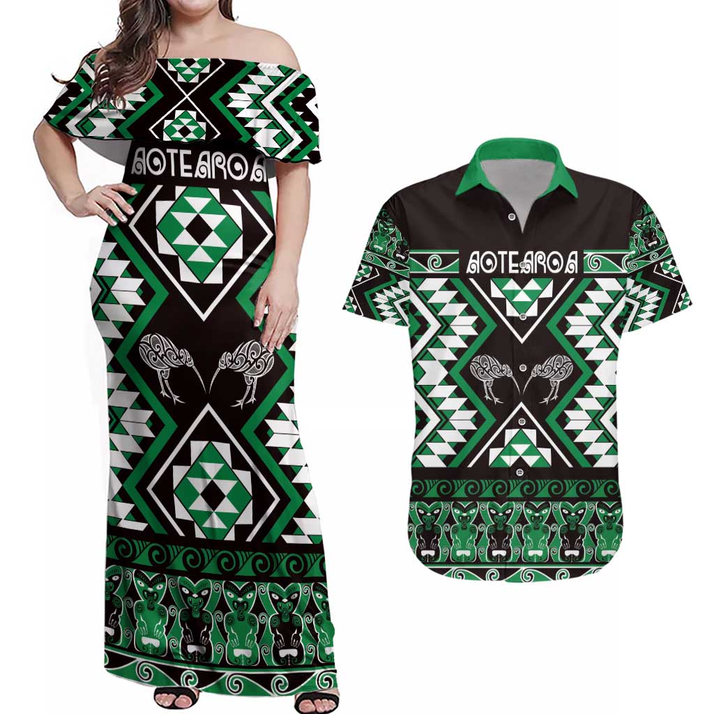 Personalised Taniko Motifs Aotearoa Couples Matching Off Shoulder Maxi Dress and Hawaiian Shirt Waitangi Kowhaiwhai Kiwi - Green LT7 Green - Polynesian Pride