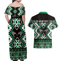 Personalised Taniko Motifs Aotearoa Couples Matching Off Shoulder Maxi Dress and Hawaiian Shirt Waitangi Kowhaiwhai Kiwi - Green LT7 - Polynesian Pride