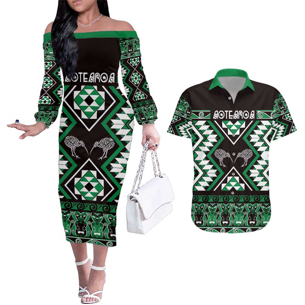 Personalised Taniko Motifs Aotearoa Couples Matching Off The Shoulder Long Sleeve Dress and Hawaiian Shirt Waitangi Kowhaiwhai Kiwi - Green LT7 Green - Polynesian Pride