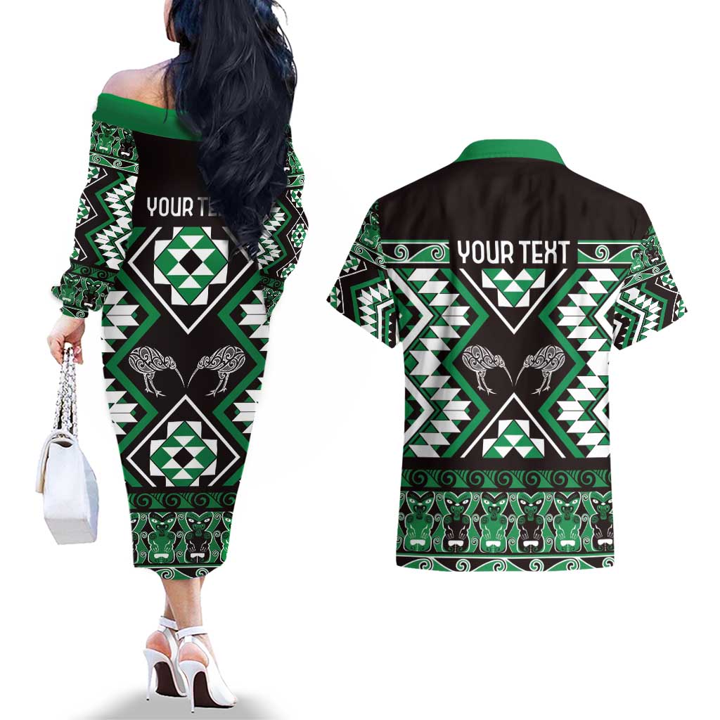 Personalised Taniko Motifs Aotearoa Couples Matching Off The Shoulder Long Sleeve Dress and Hawaiian Shirt Waitangi Kowhaiwhai Kiwi - Green LT7 - Polynesian Pride