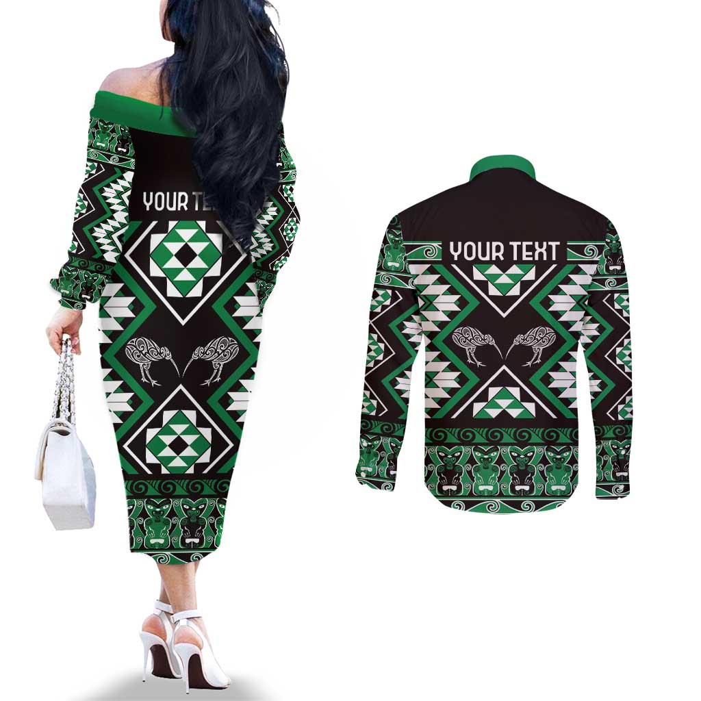 Personalised Taniko Motifs Aotearoa Couples Matching Off The Shoulder Long Sleeve Dress and Long Sleeve Button Shirt Waitangi Kowhaiwhai Kiwi - Green LT7 - Polynesian Pride