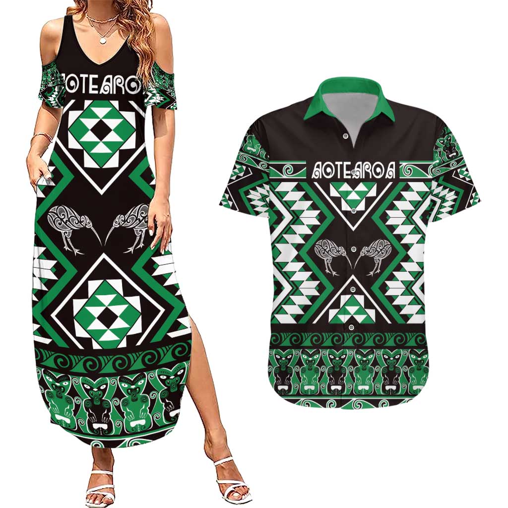 Personalised Taniko Motifs Aotearoa Couples Matching Summer Maxi Dress and Hawaiian Shirt Waitangi Kowhaiwhai Kiwi - Green LT7 Green - Polynesian Pride