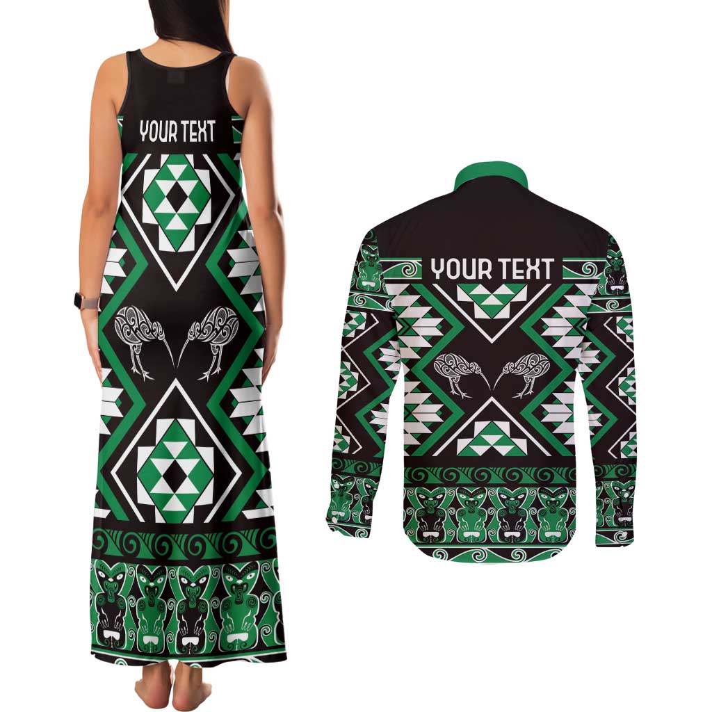 Personalised Taniko Motifs Aotearoa Couples Matching Tank Maxi Dress and Long Sleeve Button Shirt Waitangi Kowhaiwhai Kiwi - Green LT7 - Polynesian Pride