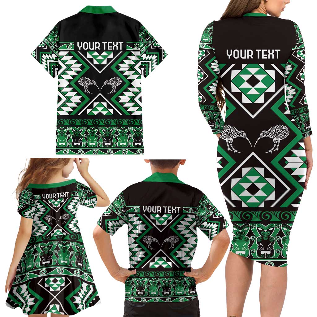 Personalised Taniko Motifs Aotearoa Family Matching Long Sleeve Bodycon Dress and Hawaiian Shirt Waitangi Kowhaiwhai Kiwi - Green LT7 - Polynesian Pride