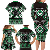Personalised Taniko Motifs Aotearoa Family Matching Long Sleeve Bodycon Dress and Hawaiian Shirt Waitangi Kowhaiwhai Kiwi - Green LT7 - Polynesian Pride