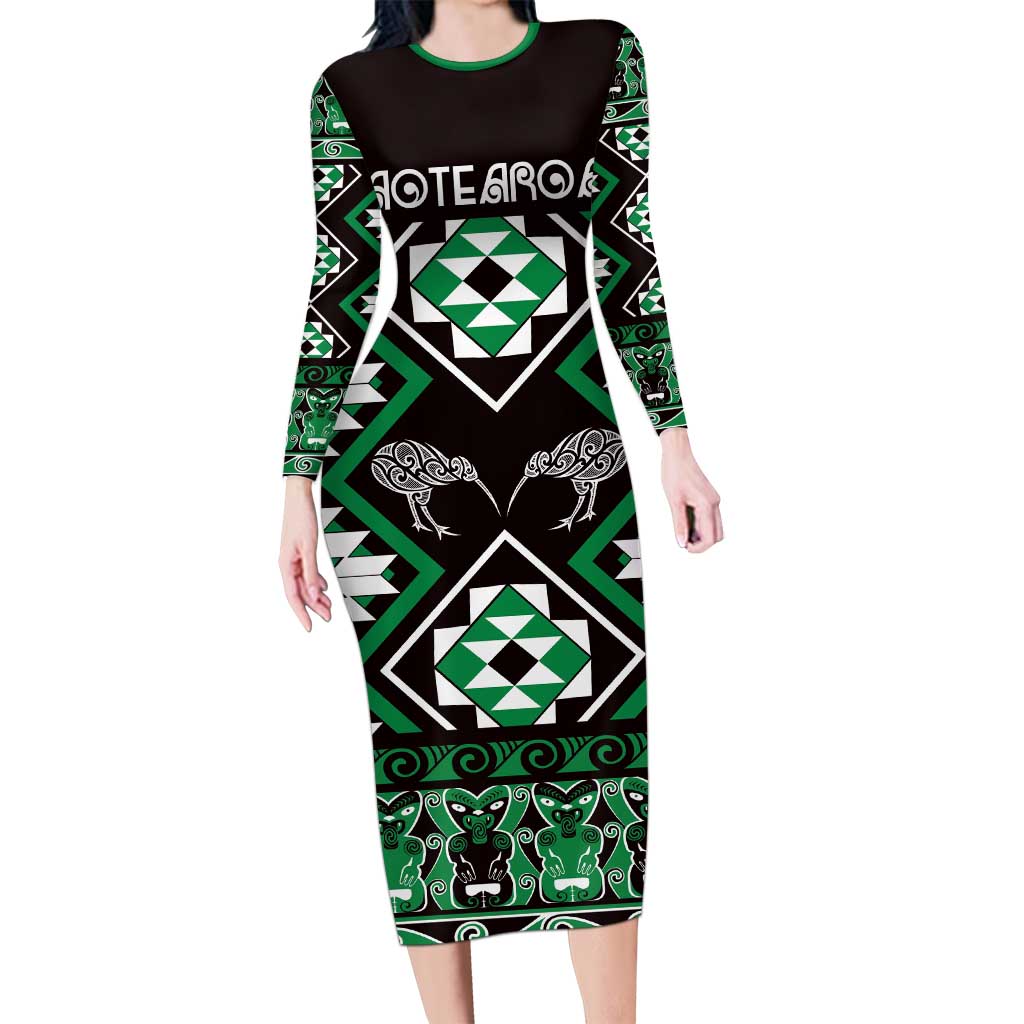Personalised Taniko Motifs Aotearoa Family Matching Long Sleeve Bodycon Dress and Hawaiian Shirt Waitangi Kowhaiwhai Kiwi - Green LT7 Mom's Dress Green - Polynesian Pride