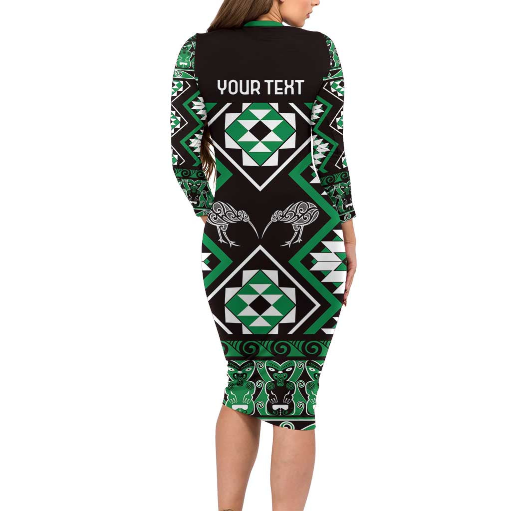 Personalised Taniko Motifs Aotearoa Family Matching Long Sleeve Bodycon Dress and Hawaiian Shirt Waitangi Kowhaiwhai Kiwi - Green LT7 - Polynesian Pride
