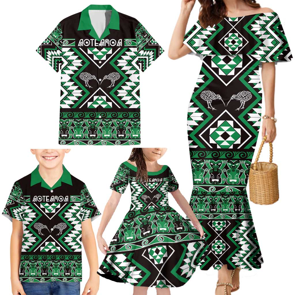 Personalised Taniko Motifs Aotearoa Family Matching Mermaid Dress and Hawaiian Shirt Waitangi Kowhaiwhai Kiwi - Green LT7 - Polynesian Pride