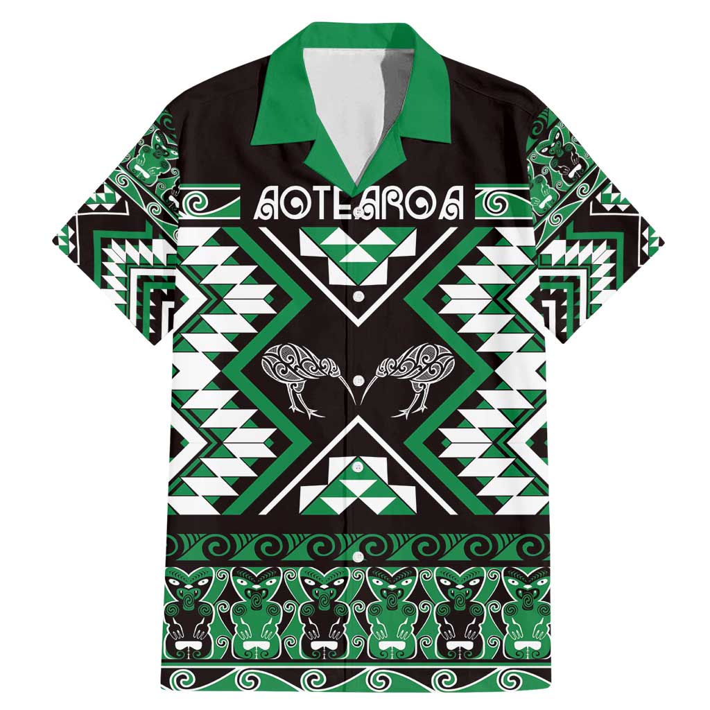 Personalised Taniko Motifs Aotearoa Family Matching Mermaid Dress and Hawaiian Shirt Waitangi Kowhaiwhai Kiwi - Green LT7 Dad's Shirt - Short Sleeve Green - Polynesian Pride