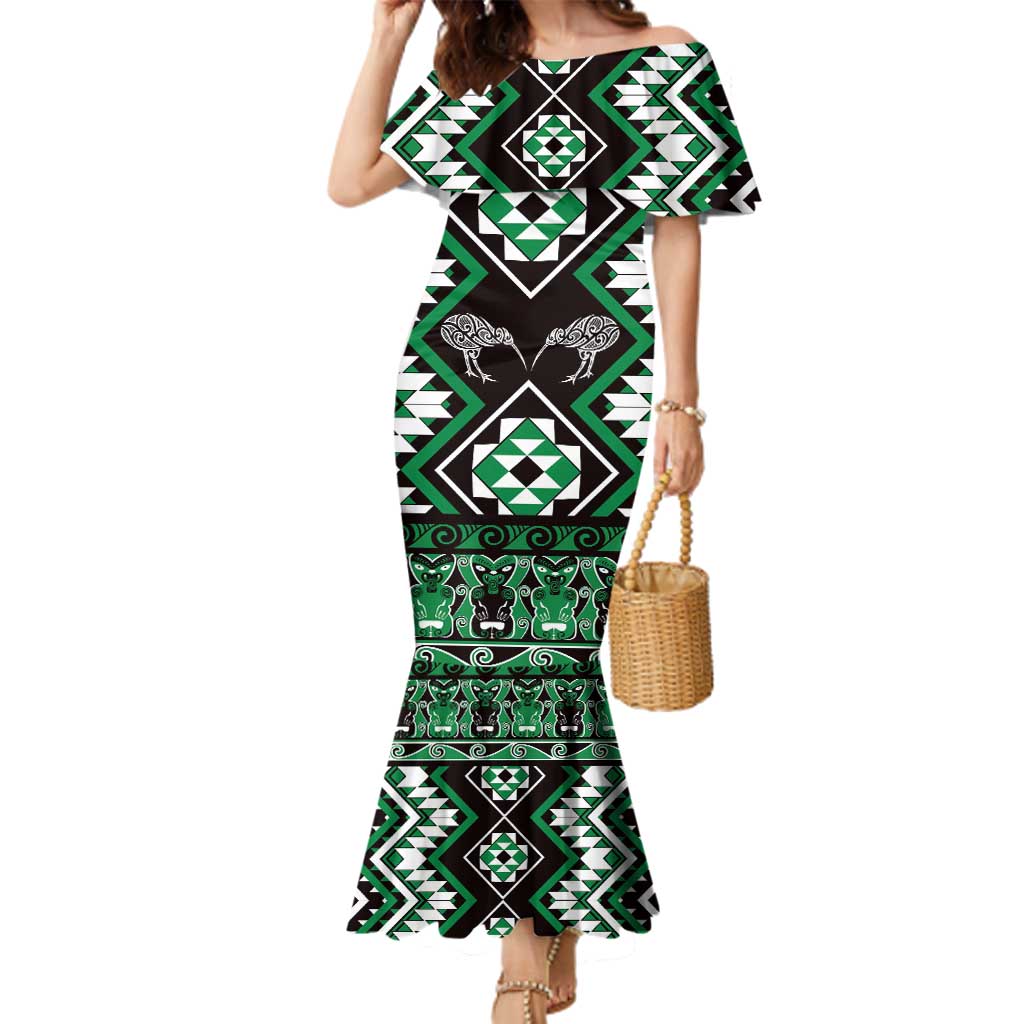 Personalised Taniko Motifs Aotearoa Family Matching Mermaid Dress and Hawaiian Shirt Waitangi Kowhaiwhai Kiwi - Green LT7 Mom's Dress Green - Polynesian Pride