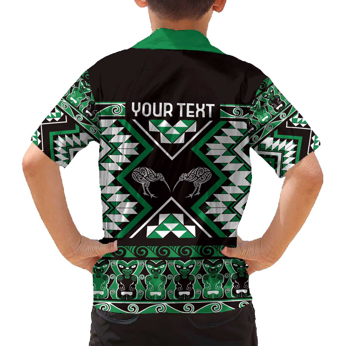 Personalised Taniko Motifs Aotearoa Family Matching Off The Shoulder Long Sleeve Dress and Hawaiian Shirt Waitangi Kowhaiwhai Kiwi - Green LT7 - Polynesian Pride