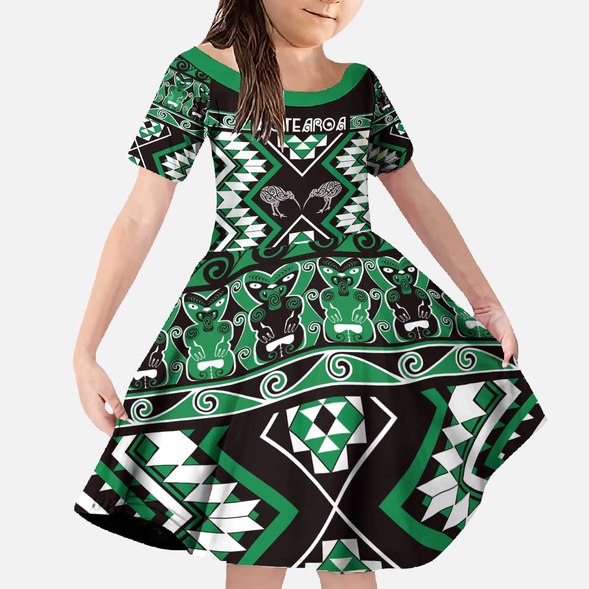 Personalised Taniko Motifs Aotearoa Family Matching Off The Shoulder Long Sleeve Dress and Hawaiian Shirt Waitangi Kowhaiwhai Kiwi - Green LT7 Daughter's Dress Green - Polynesian Pride