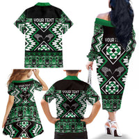 Personalised Taniko Motifs Aotearoa Family Matching Off The Shoulder Long Sleeve Dress and Hawaiian Shirt Waitangi Kowhaiwhai Kiwi - Green LT7 - Polynesian Pride