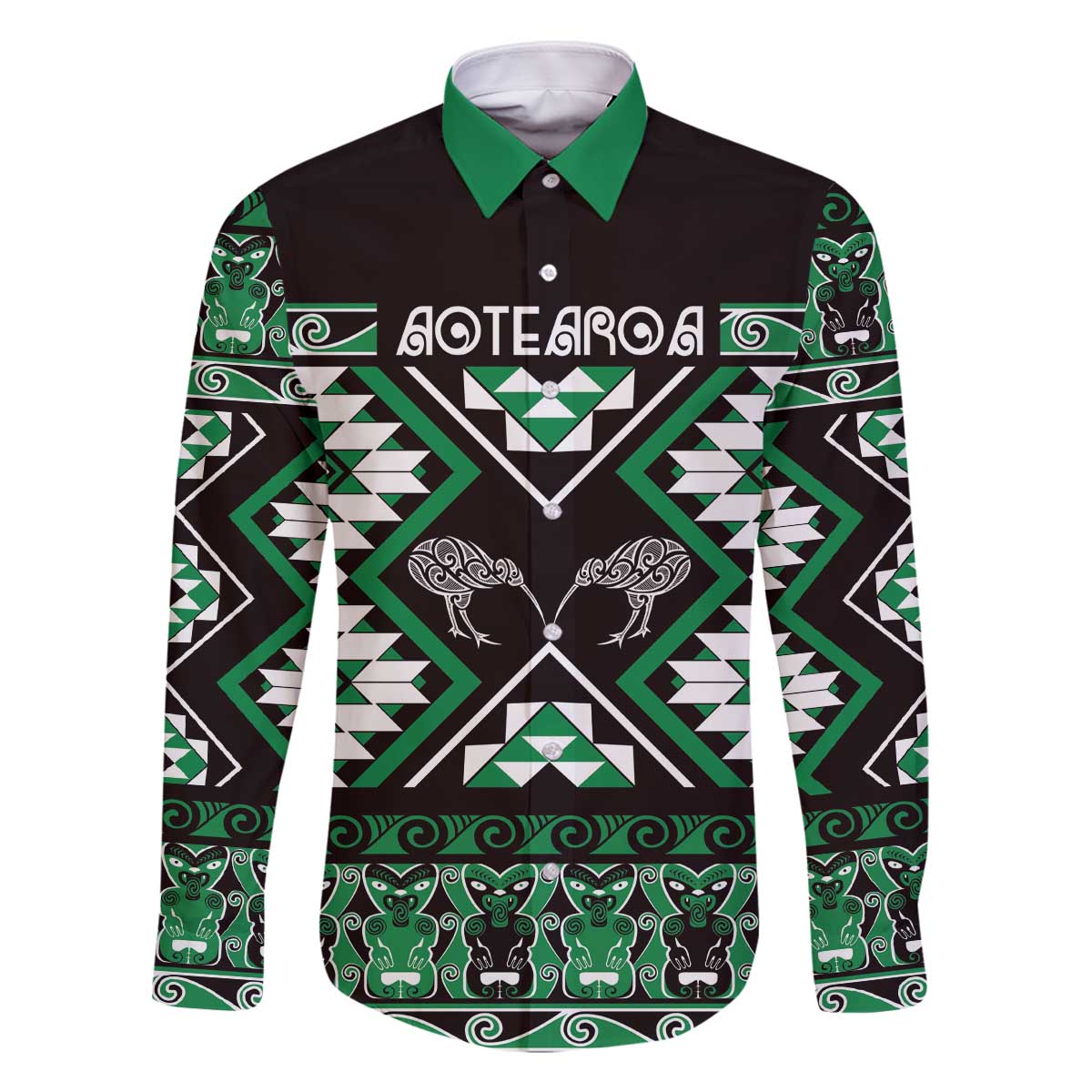 Personalised Taniko Motifs Aotearoa Family Matching Off The Shoulder Long Sleeve Dress and Hawaiian Shirt Waitangi Kowhaiwhai Kiwi - Green LT7 Dad's Shirt - Long Sleeve Green - Polynesian Pride