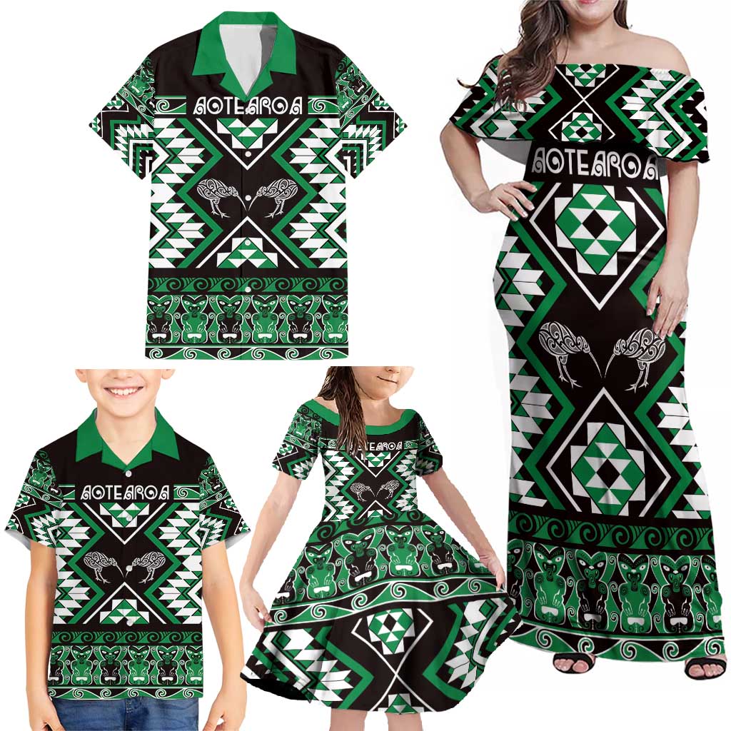 Personalised Taniko Motifs Aotearoa Family Matching Off Shoulder Maxi Dress and Hawaiian Shirt Waitangi Kowhaiwhai Kiwi - Green LT7 - Polynesian Pride